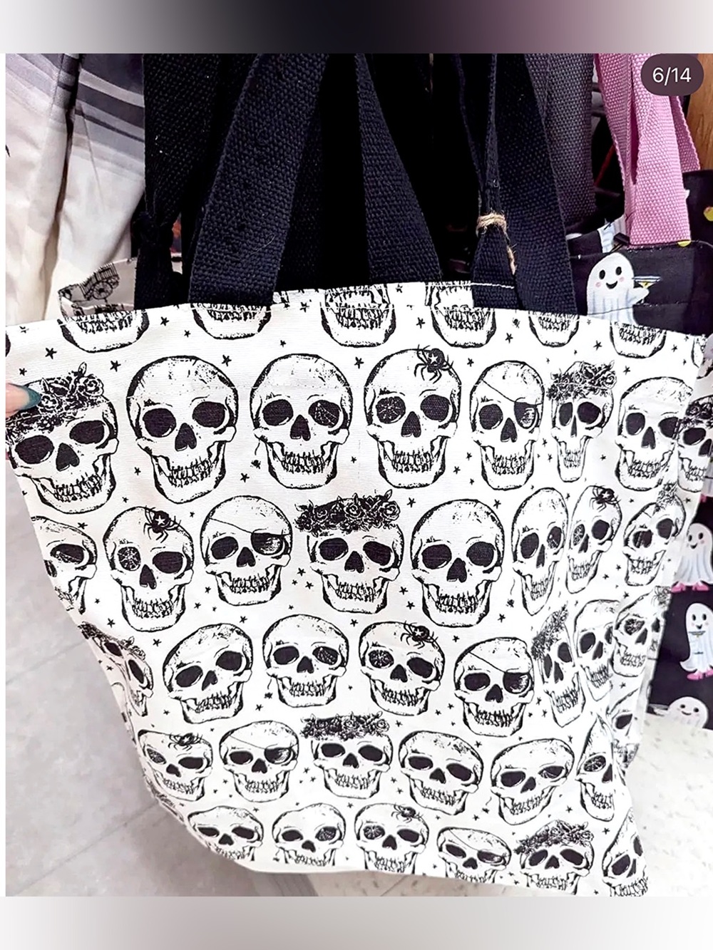 . Skulls Halloween 100% Cotton Canvas XL Reusable Shopping Tote Bag
